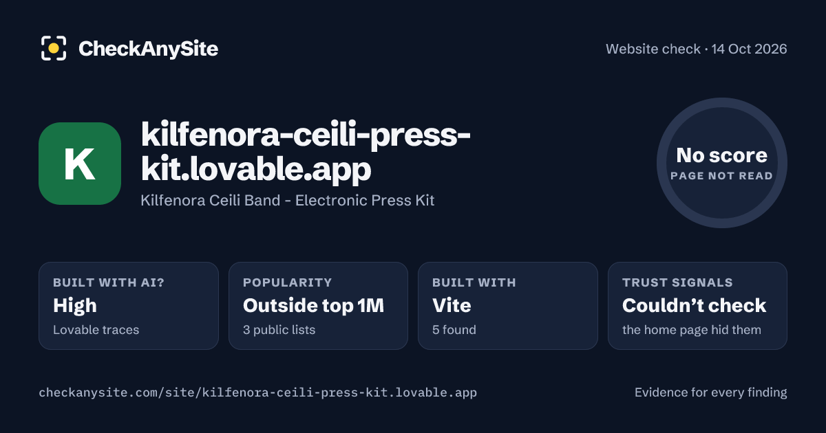 kilfenora-ceili-press-kit.lovable.app on CheckAnySite: AI traces high, popularity Outside top 1M, no score.