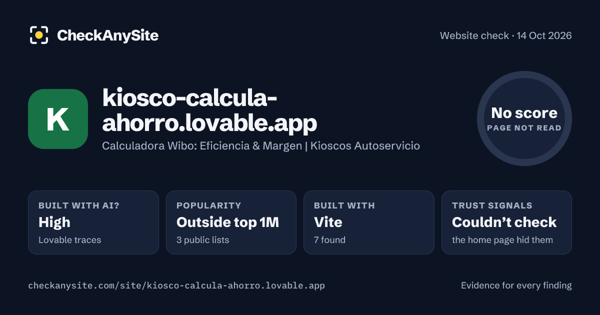 kiosco-calcula-ahorro.lovable.app on CheckAnySite: AI traces high, popularity Outside top 1M, no score.