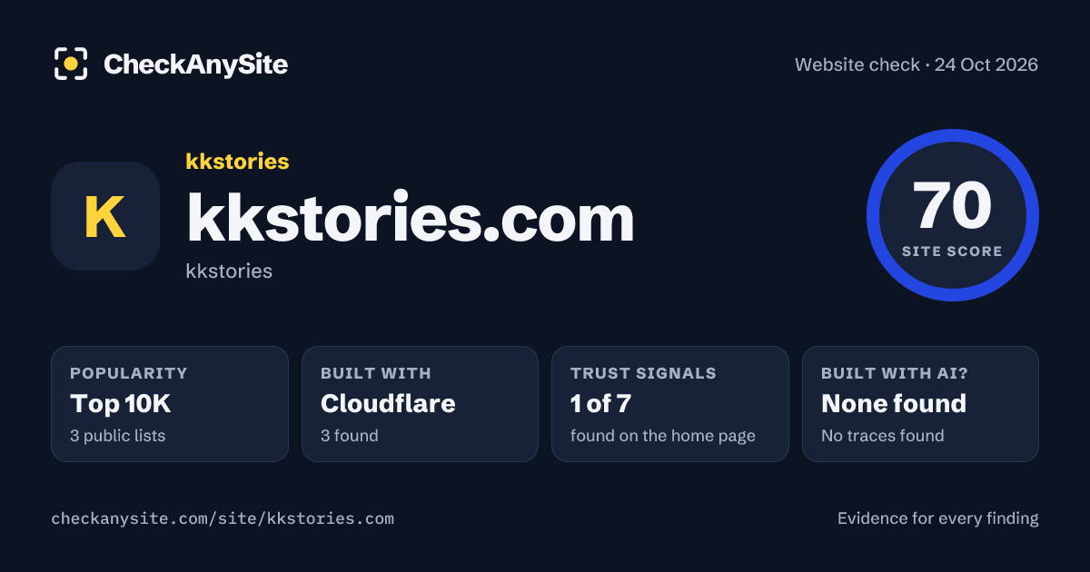 kkstories.com on CheckAnySite: AI traces none found, popularity Top 10K, site score 70 of 100.