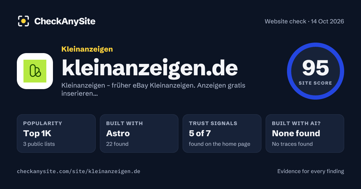 kleinanzeigen.de on CheckAnySite: AI traces none found, popularity Top 1K, site score 95 of 100.