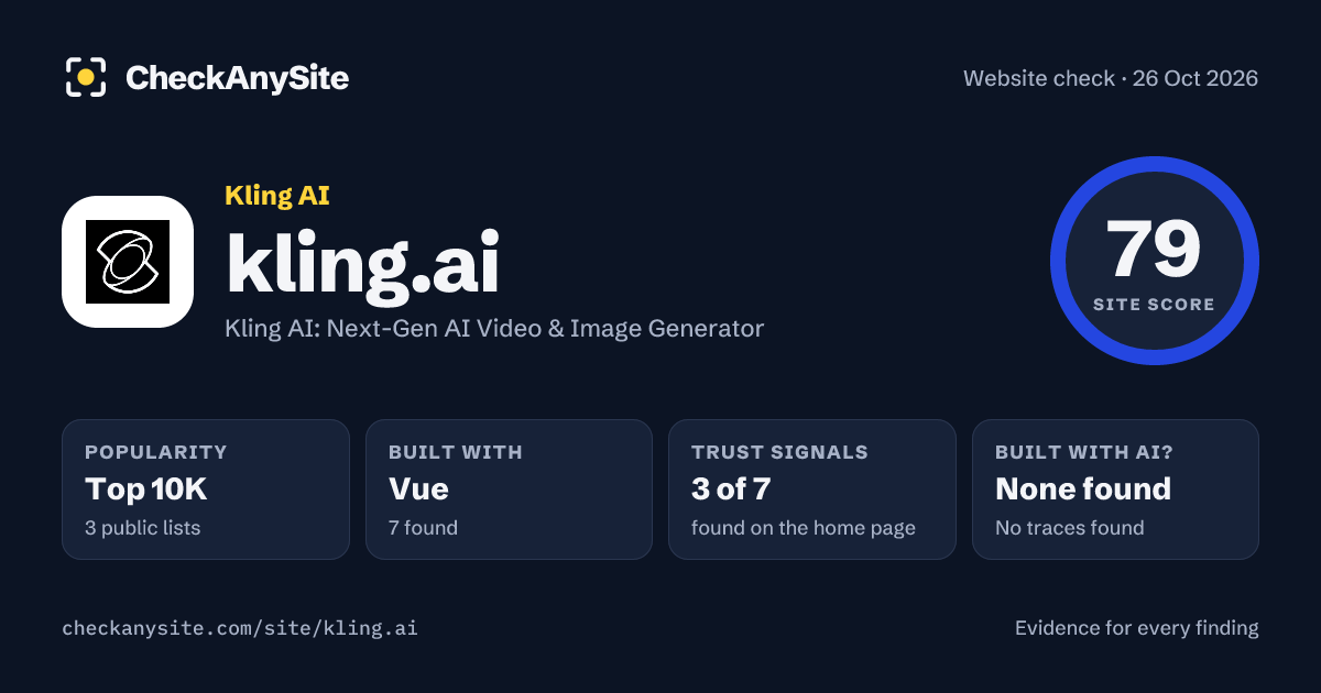 kling.ai on CheckAnySite: AI traces none found, popularity Top 10K, site score 79 of 100.