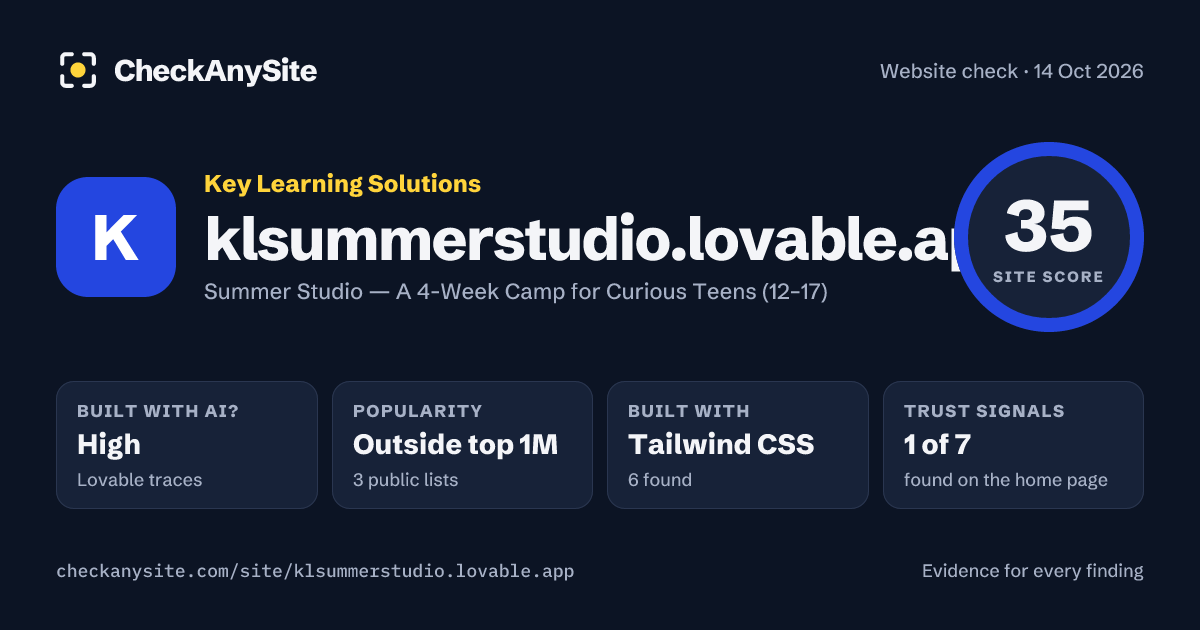 klsummerstudio.lovable.app on CheckAnySite: AI traces high, popularity Outside top 1M, site score 35 of 100.