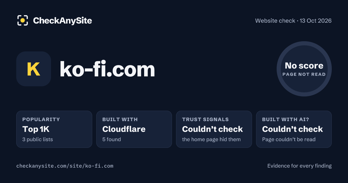 ko-fi.com on CheckAnySite: AI traces couldn’t check, popularity Top 1K, no score.