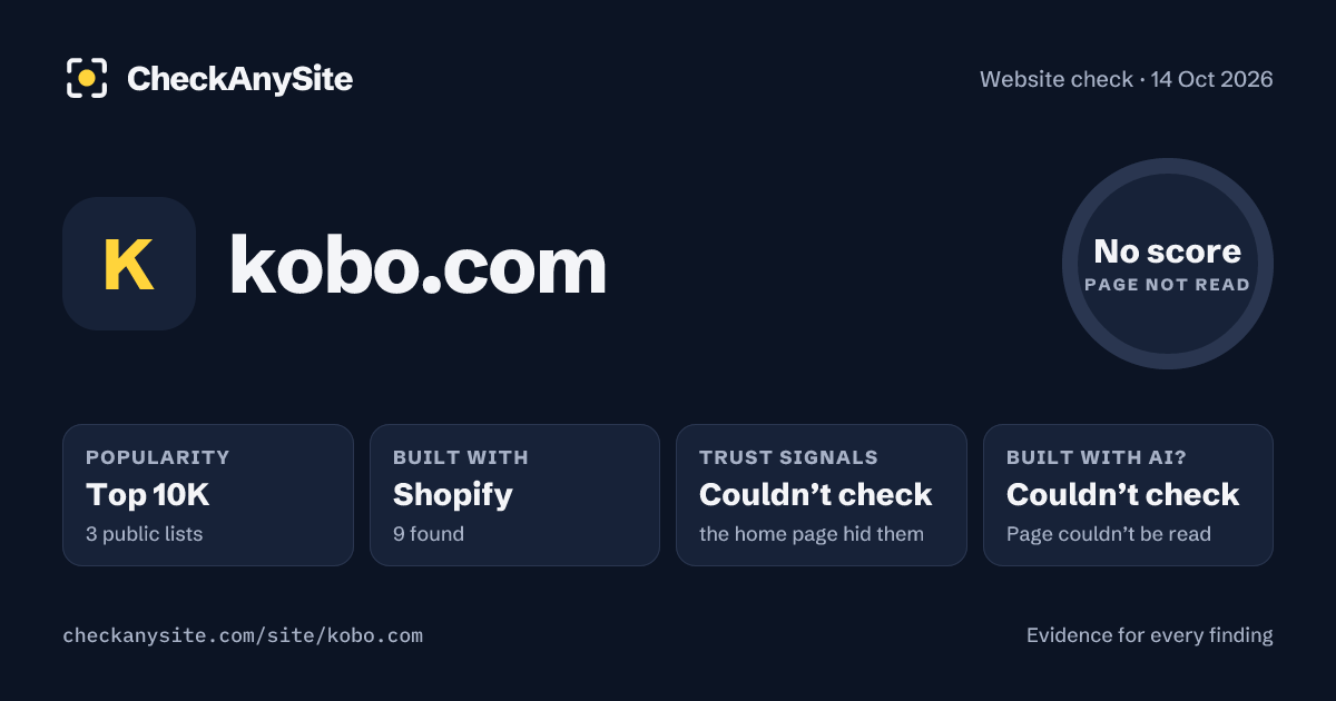 kobo.com on CheckAnySite: AI traces couldn’t check, popularity Top 10K, no score.