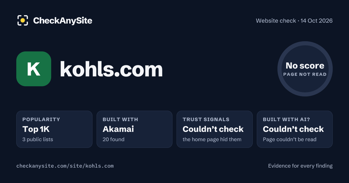 kohls.com on CheckAnySite: AI traces couldn’t check, popularity Top 1K, no score.