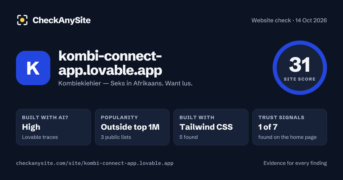kombi-connect-app.lovable.app on CheckAnySite: AI traces high, popularity Outside top 1M, site score 31 of 100.