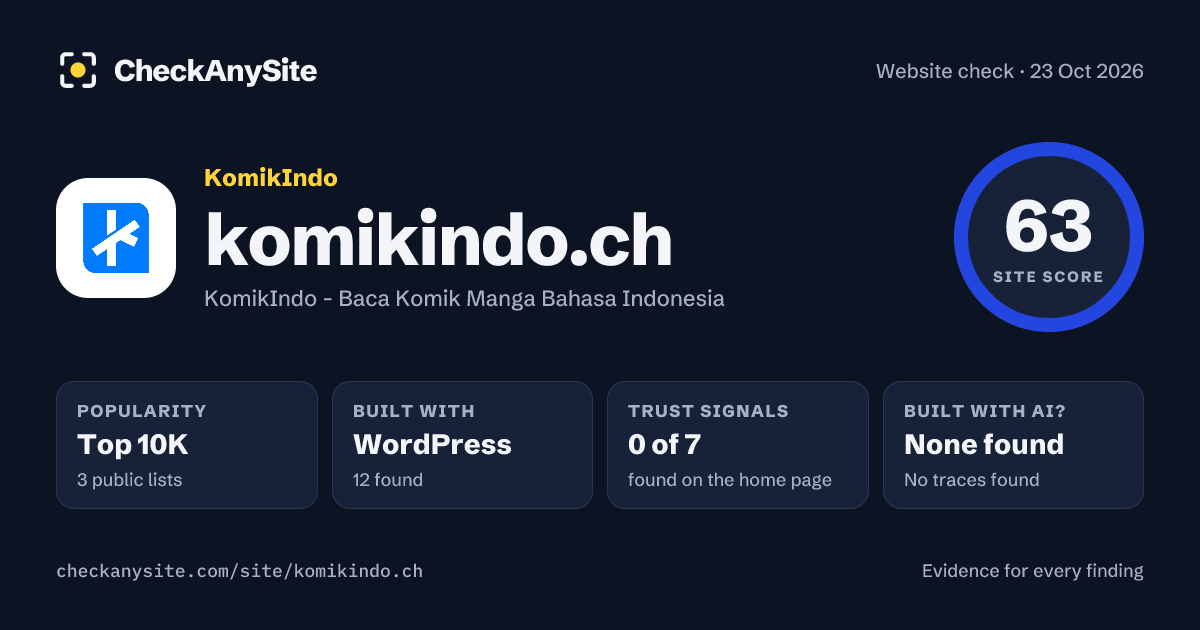 komikindo.ch on CheckAnySite: AI traces none found, popularity Top 10K, site score 63 of 100.