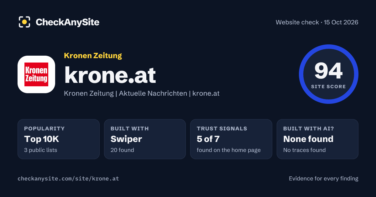 krone.at on CheckAnySite: AI traces none found, popularity Top 10K, site score 94 of 100.