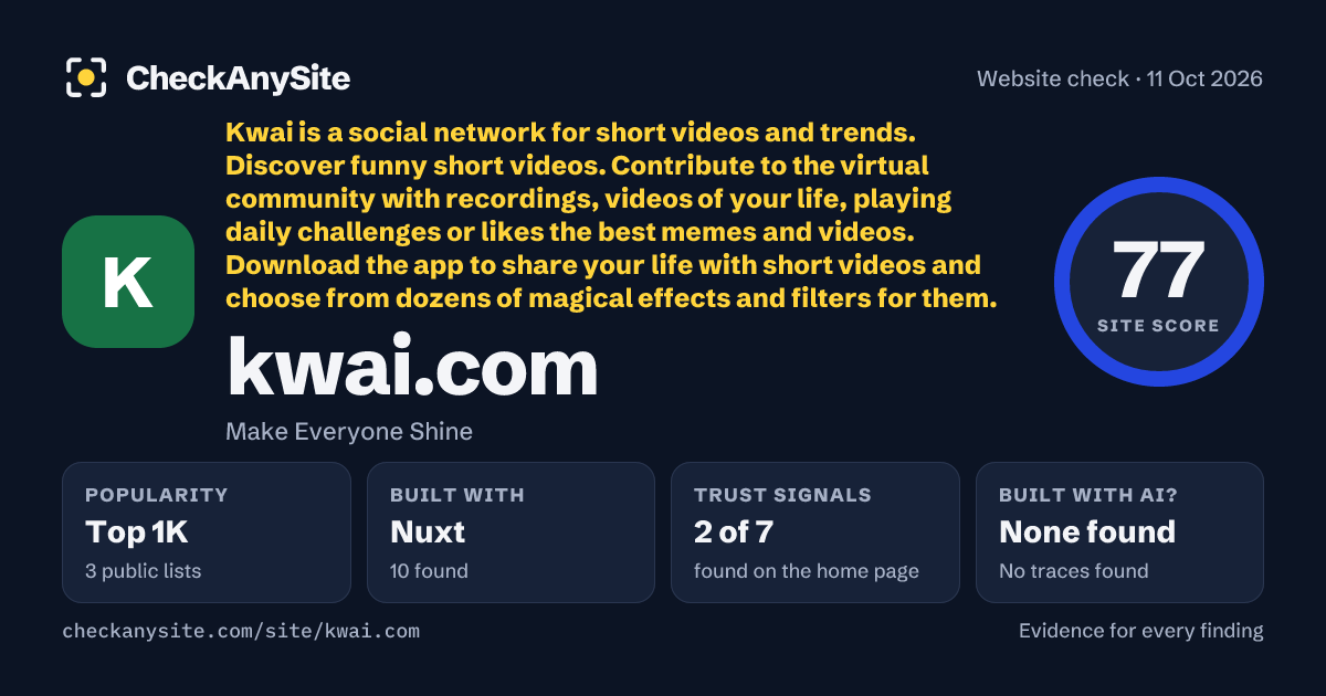 kwai.com on CheckAnySite: AI traces none found, popularity Top 1K, site score 77 of 100.