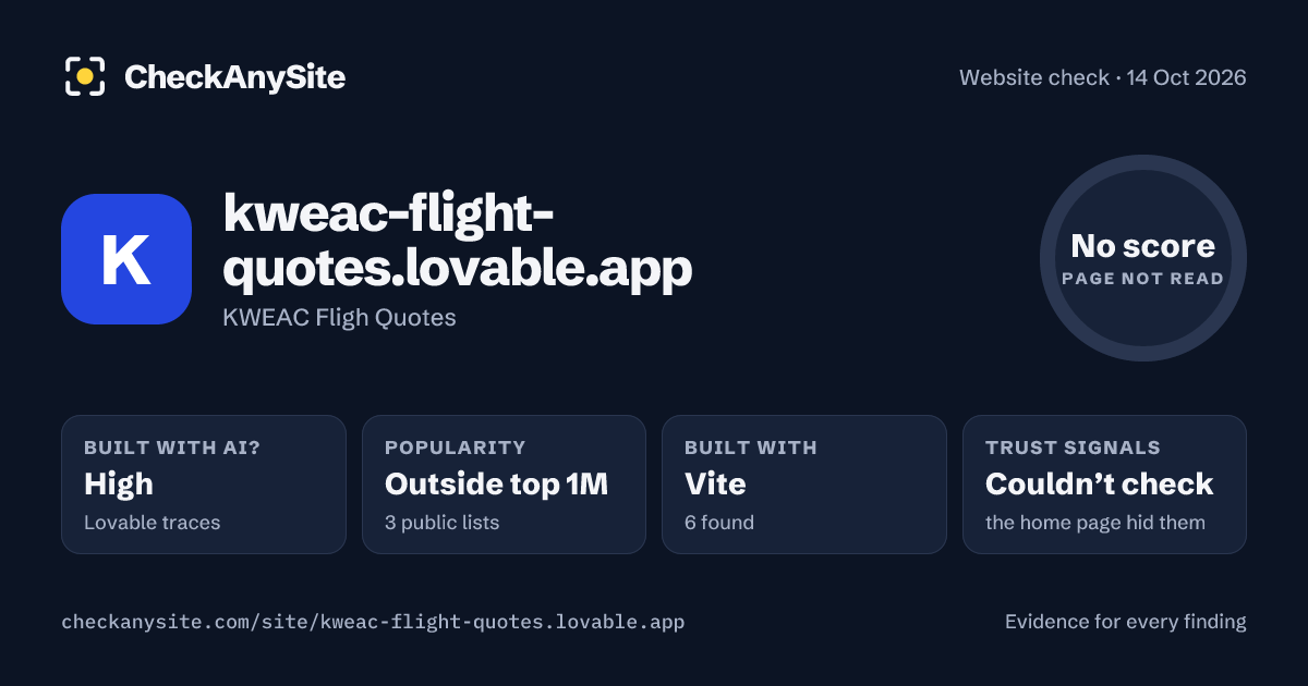 kweac-flight-quotes.lovable.app on CheckAnySite: AI traces high, popularity Outside top 1M, no score.
