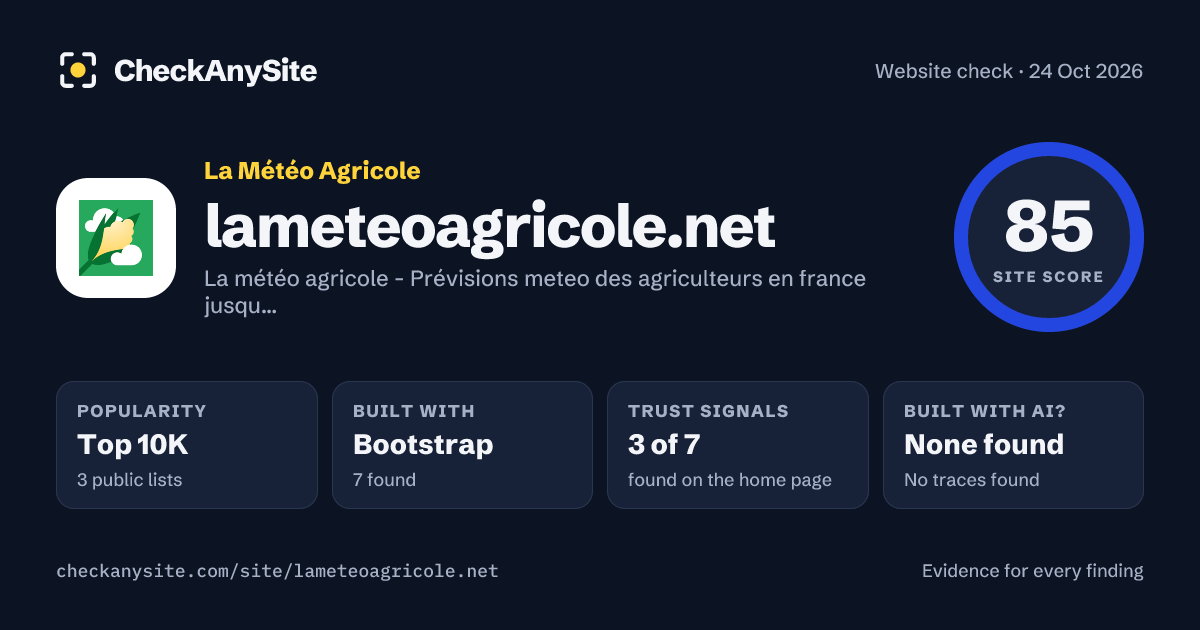 lameteoagricole.net on CheckAnySite: AI traces none found, popularity Top 10K, site score 85 of 100.