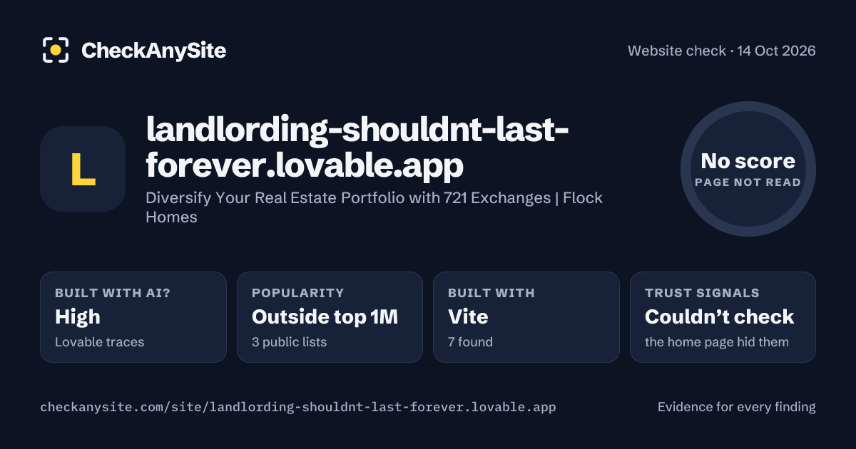 landlording-shouldnt-last-forever.lovable.app on CheckAnySite: AI traces high, popularity Outside top 1M, no score.