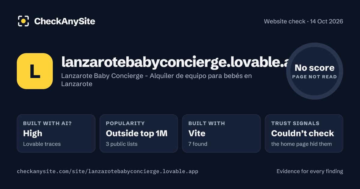 lanzarotebabyconcierge.lovable.app on CheckAnySite: AI traces high, popularity Outside top 1M, no score.