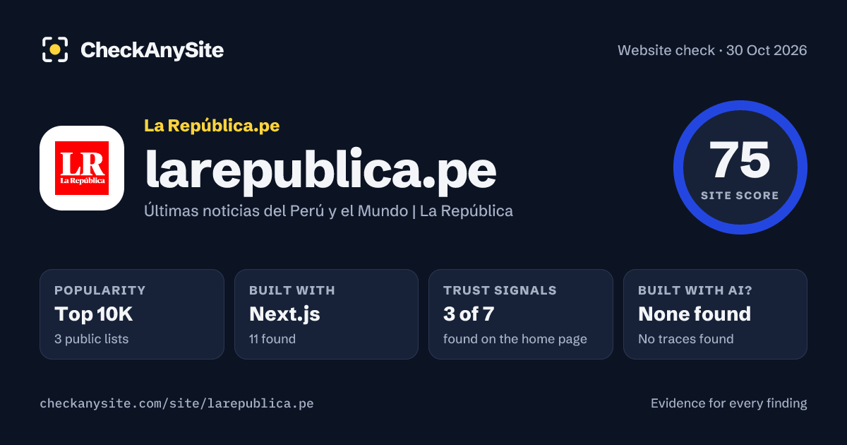 larepublica.pe on CheckAnySite: AI traces none found, popularity Top 10K, site score 75 of 100.
