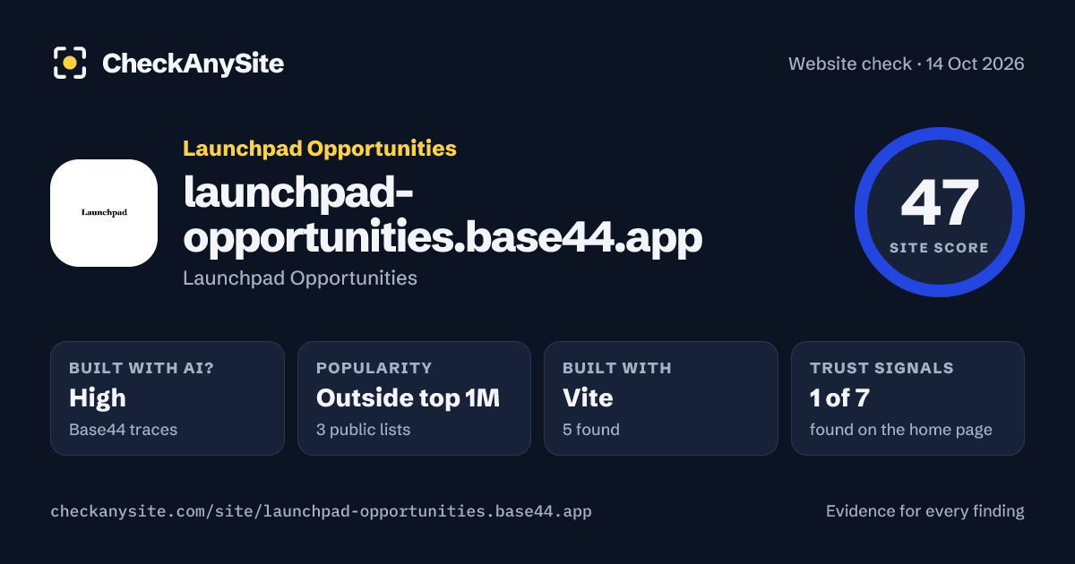 launchpad-opportunities.base44.app on CheckAnySite: AI traces high, popularity Outside top 1M, site score 47 of 100.