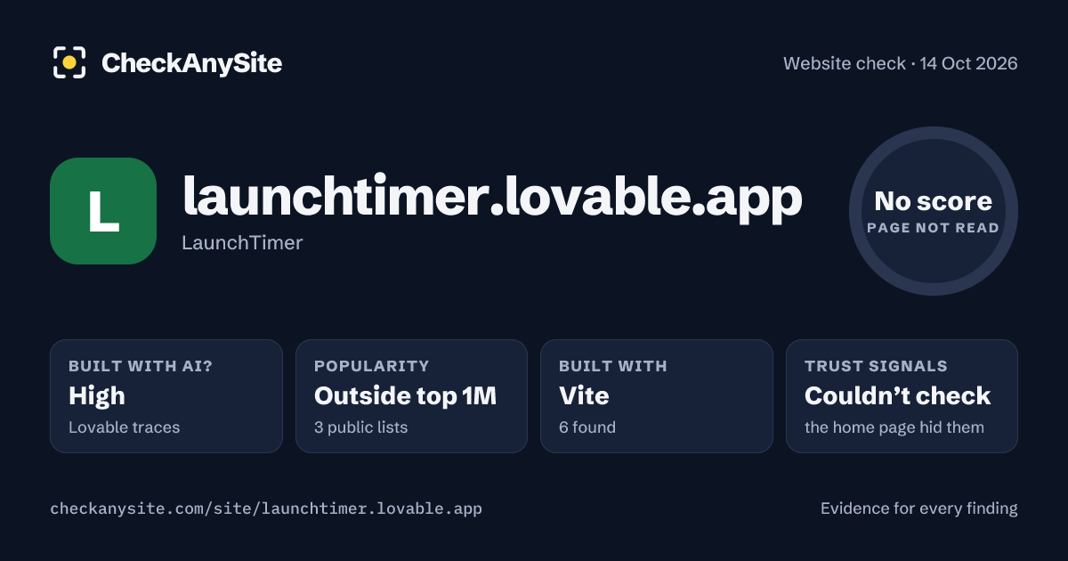 launchtimer.lovable.app on CheckAnySite: AI traces high, popularity Outside top 1M, no score.