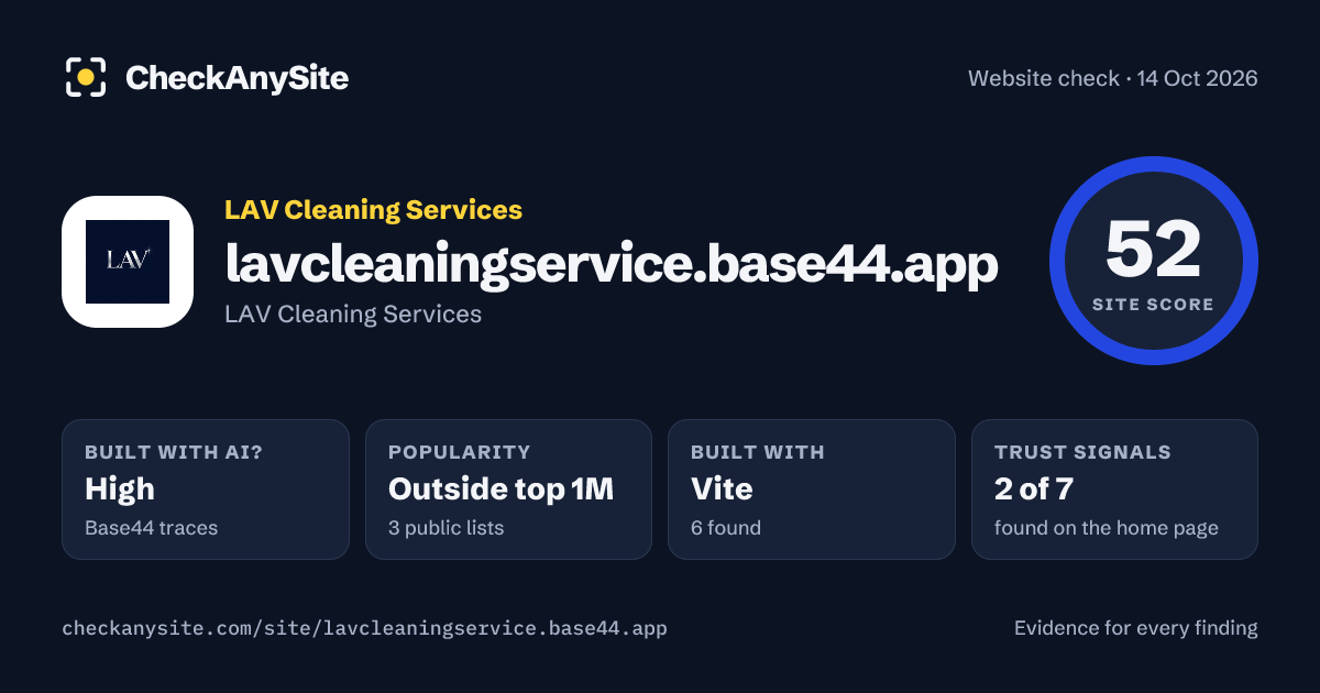 lavcleaningservice.base44.app on CheckAnySite: AI traces high, popularity Outside top 1M, site score 52 of 100.