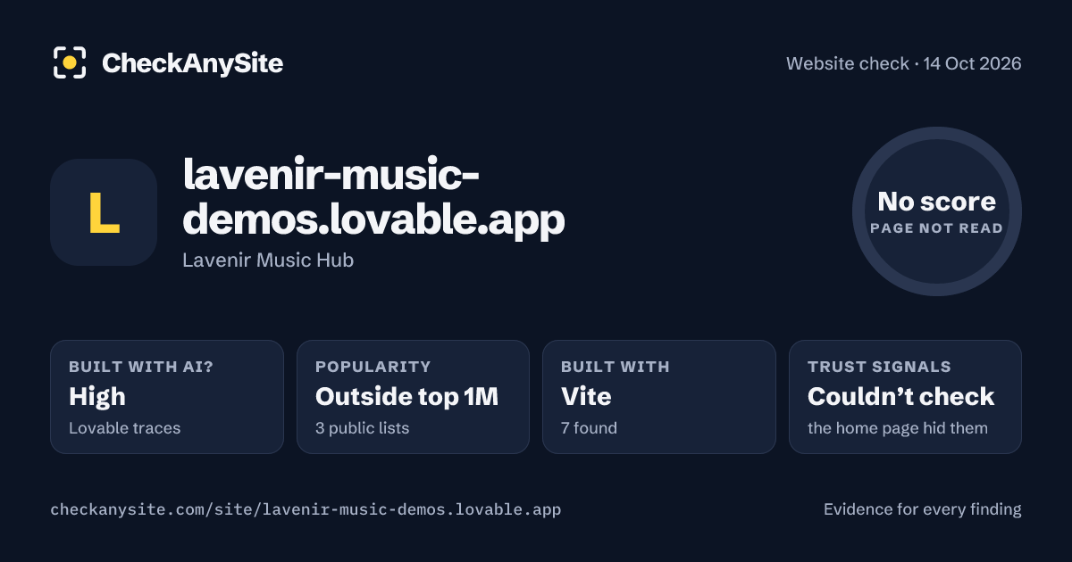 lavenir-music-demos.lovable.app on CheckAnySite: AI traces high, popularity Outside top 1M, no score.