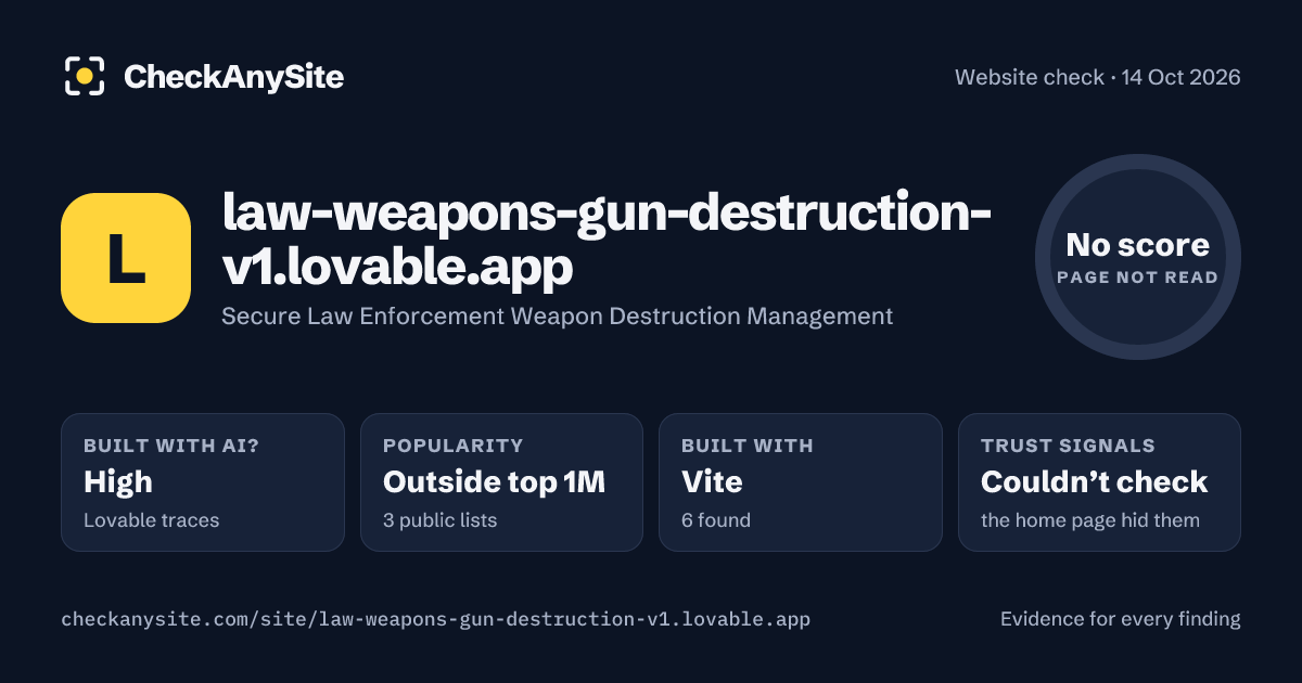 law-weapons-gun-destruction-v1.lovable.app on CheckAnySite: AI traces high, popularity Outside top 1M, no score.