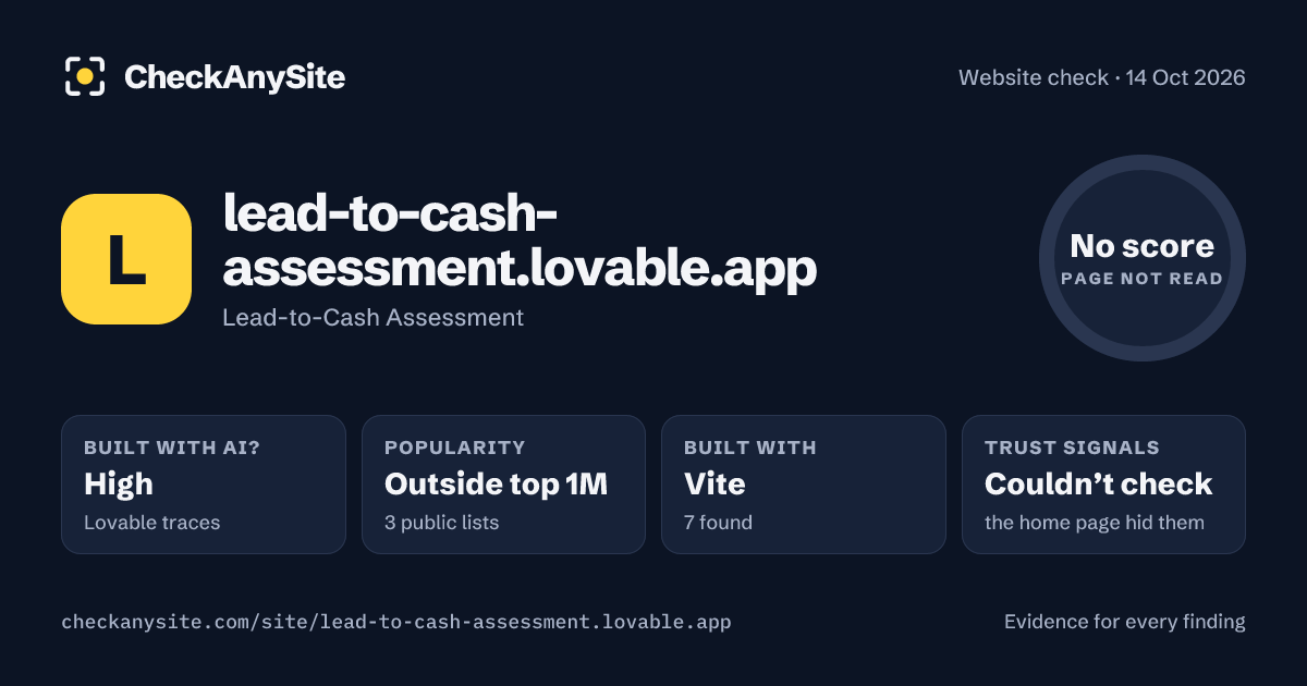 lead-to-cash-assessment.lovable.app on CheckAnySite: AI traces high, popularity Outside top 1M, no score.