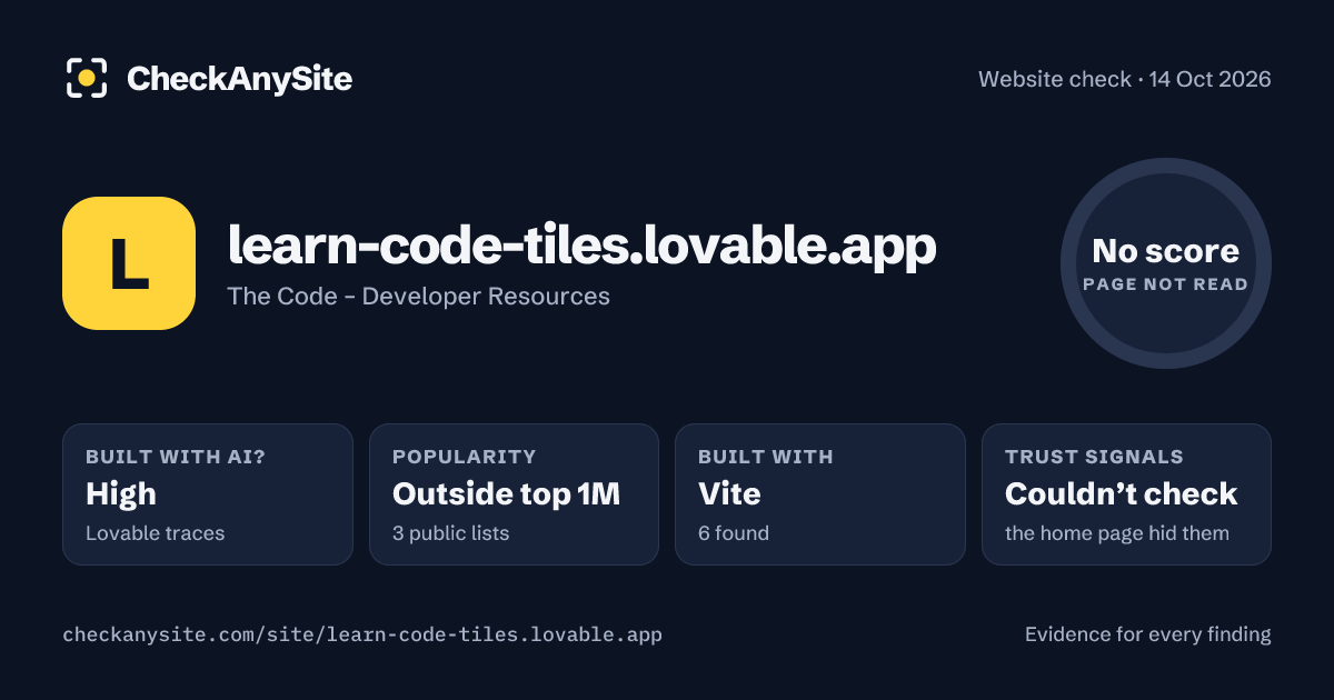 learn-code-tiles.lovable.app on CheckAnySite: AI traces high, popularity Outside top 1M, no score.