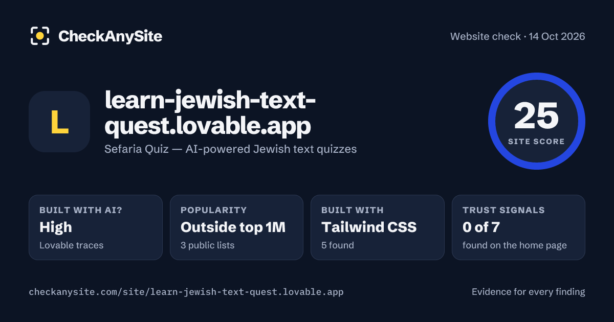 learn-jewish-text-quest.lovable.app on CheckAnySite: AI traces high, popularity Outside top 1M, site score 25 of 100.
