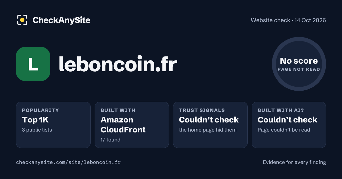 leboncoin.fr on CheckAnySite: AI traces couldn’t check, popularity Top 1K, no score.