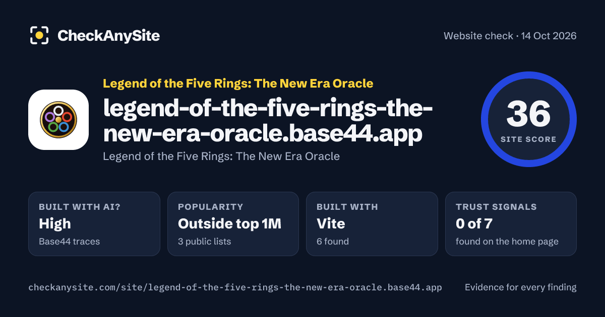legend-of-the-five-rings-the-new-era-oracle.base44.app on CheckAnySite: AI traces high, popularity Outside top 1M, site score 36 of 100.