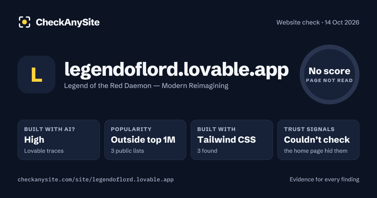 legendoflord.lovable.app on CheckAnySite: AI traces high, popularity Outside top 1M, no score.