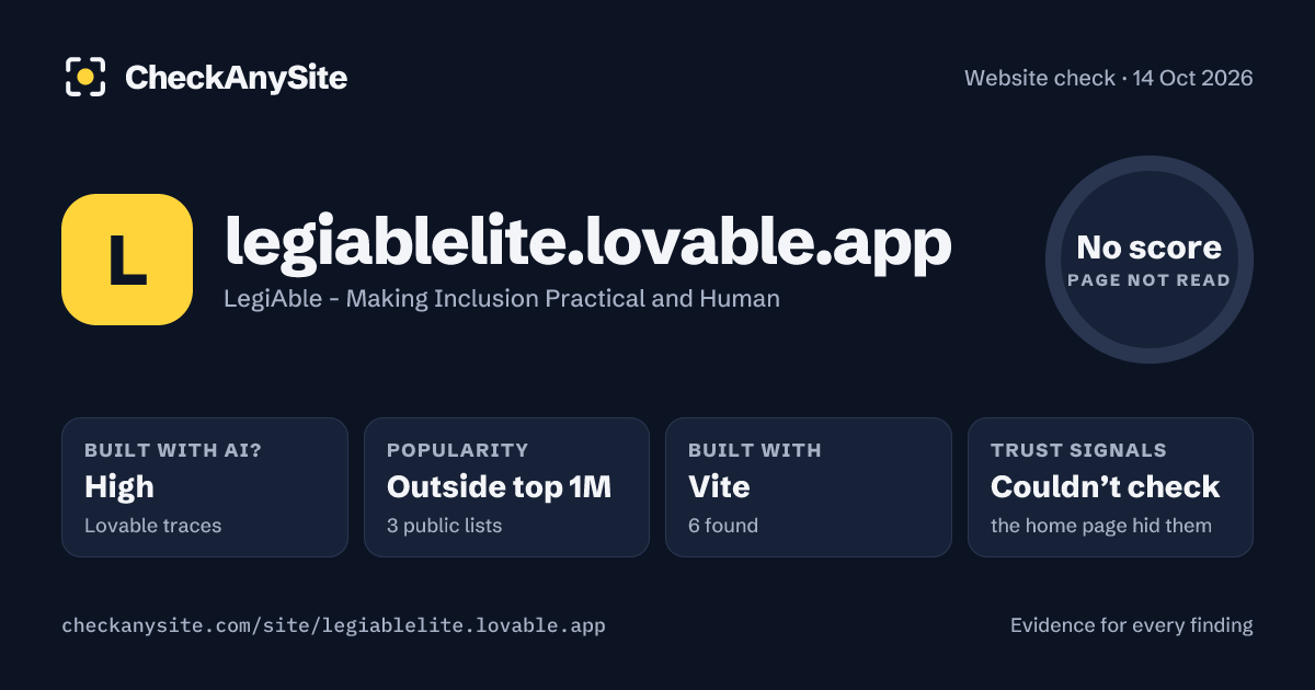 legiablelite.lovable.app on CheckAnySite: AI traces high, popularity Outside top 1M, no score.