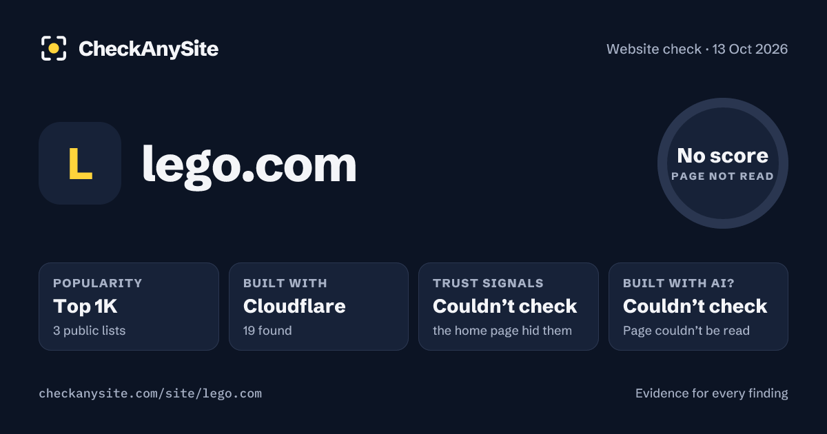 lego.com on CheckAnySite: AI traces couldn’t check, popularity Top 1K, no score.