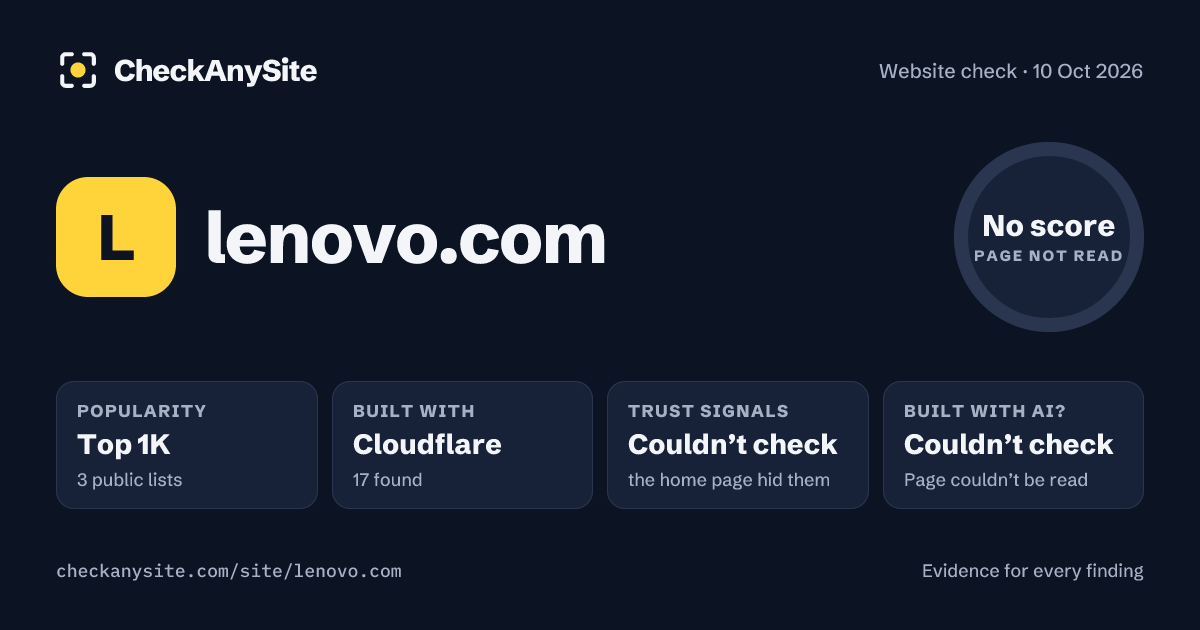 lenovo.com on CheckAnySite: AI traces couldn’t check, popularity Top 1K, no score.