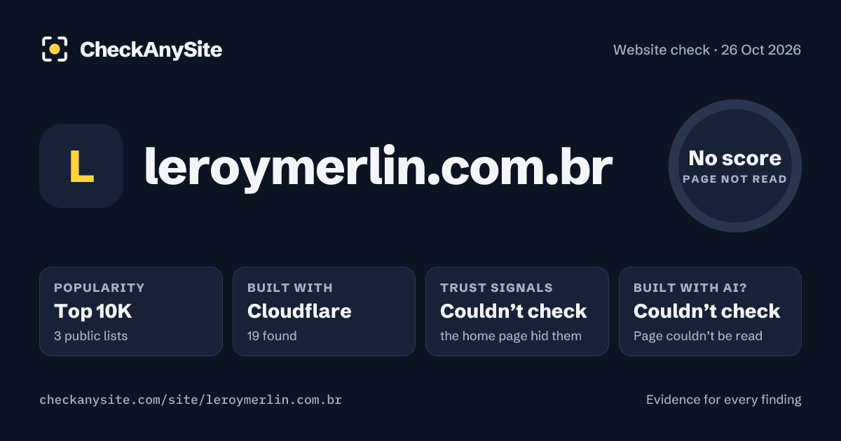 leroymerlin.com.br on CheckAnySite: AI traces couldn’t check, popularity Top 10K, no score.