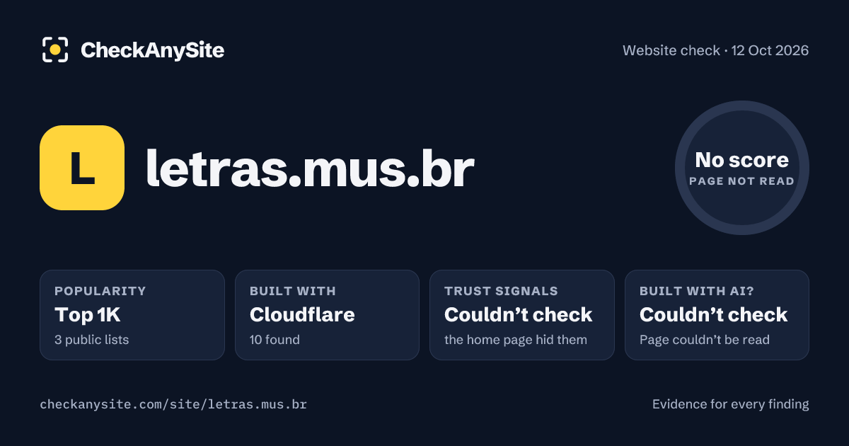 letras.mus.br on CheckAnySite: AI traces couldn’t check, popularity Top 1K, no score.