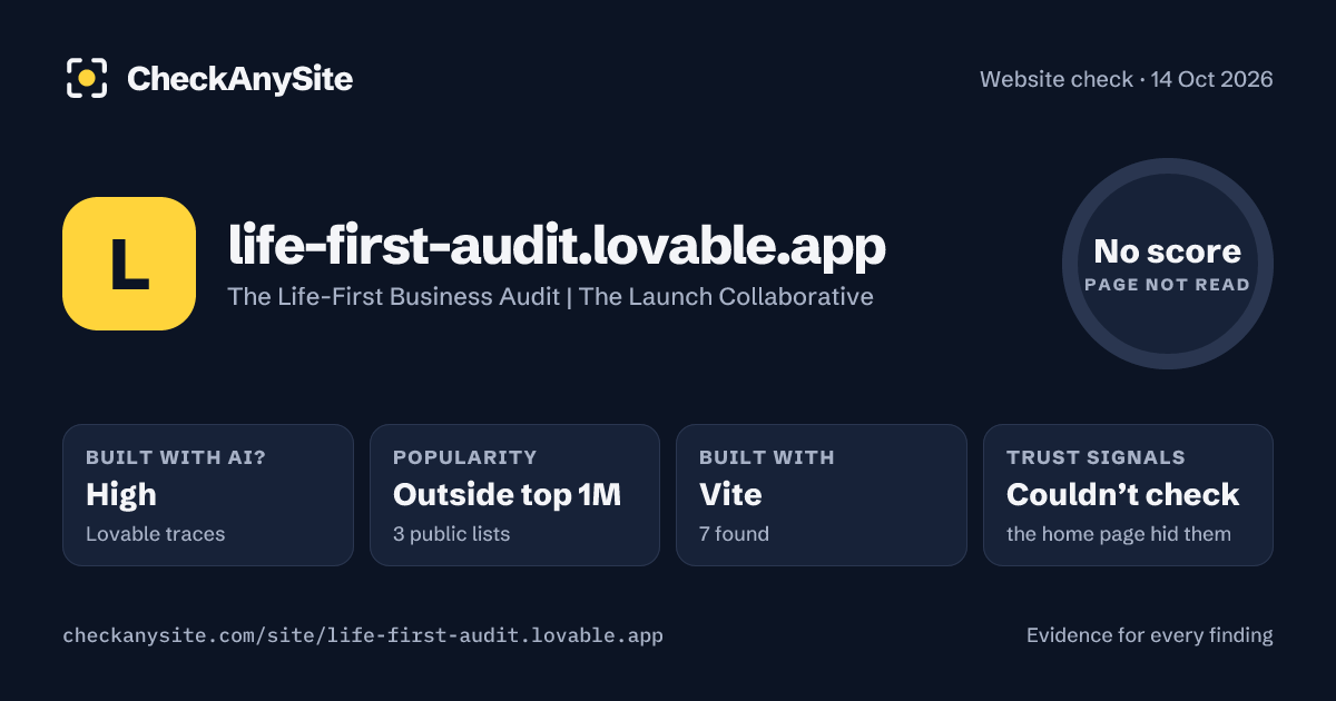 life-first-audit.lovable.app on CheckAnySite: AI traces high, popularity Outside top 1M, no score.