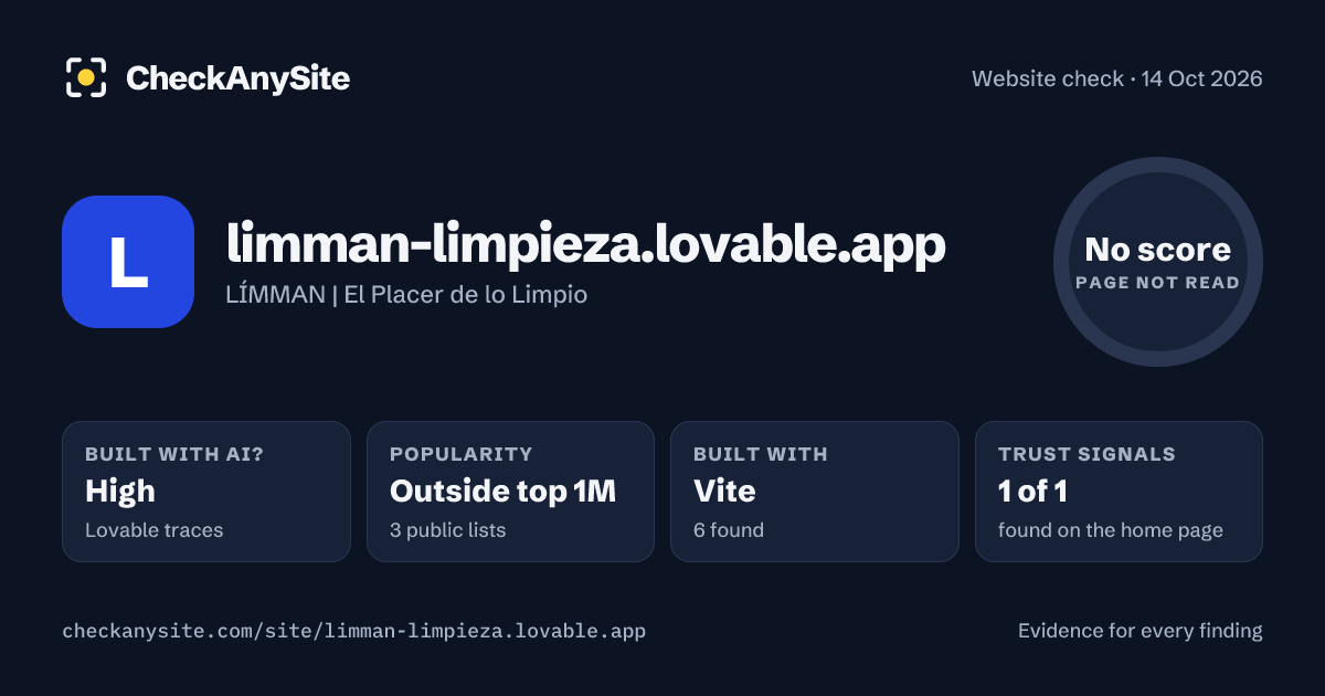 limman-limpieza.lovable.app on CheckAnySite: AI traces high, popularity Outside top 1M, no score.