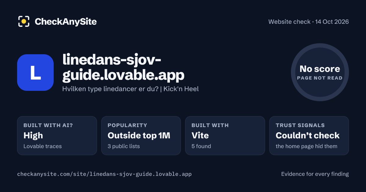 linedans-sjov-guide.lovable.app on CheckAnySite: AI traces high, popularity Outside top 1M, no score.