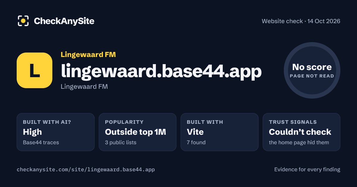 lingewaard.base44.app on CheckAnySite: AI traces high, popularity Outside top 1M, no score.