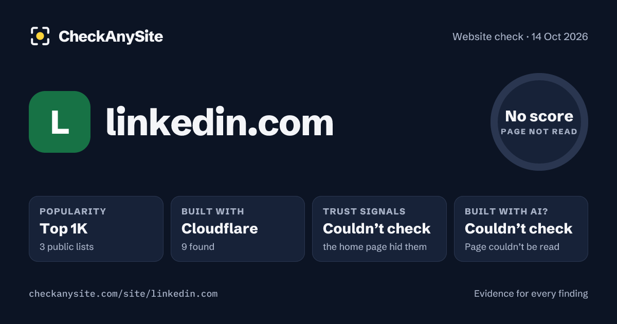 linkedin.com on CheckAnySite: AI traces couldn’t check, popularity Top 1K, no score.