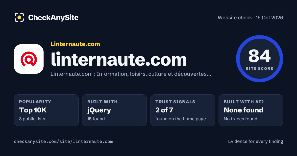 linternaute.com on CheckAnySite: AI traces none found, popularity Top 10K, site score 84 of 100.