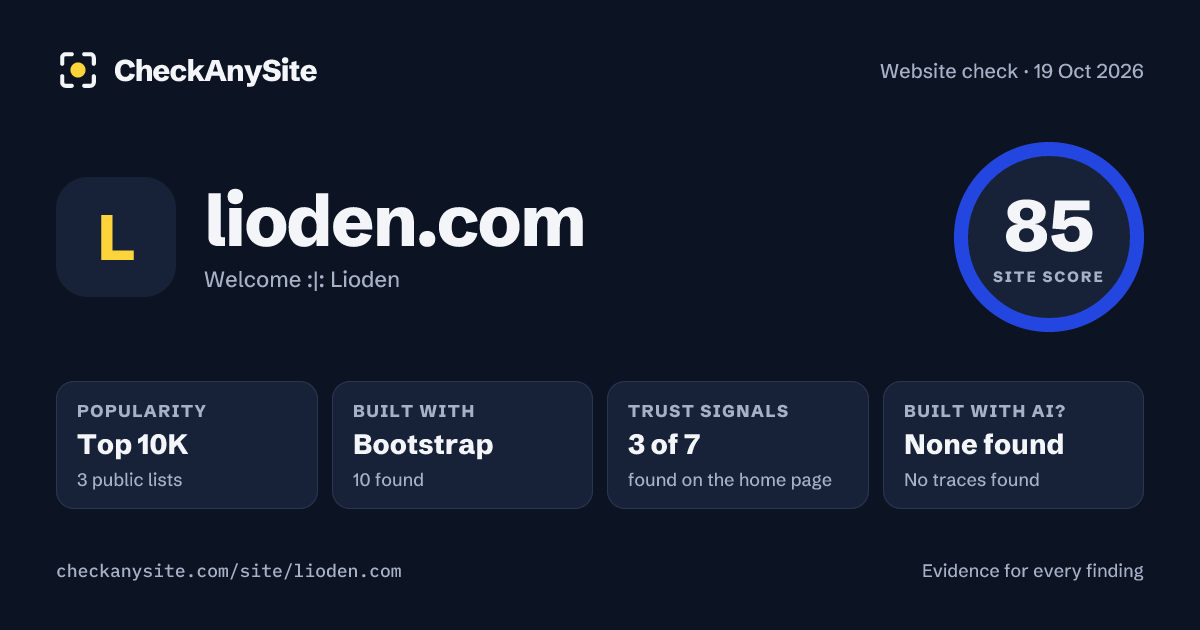 lioden.com on CheckAnySite: AI traces none found, popularity Top 10K, site score 85 of 100.