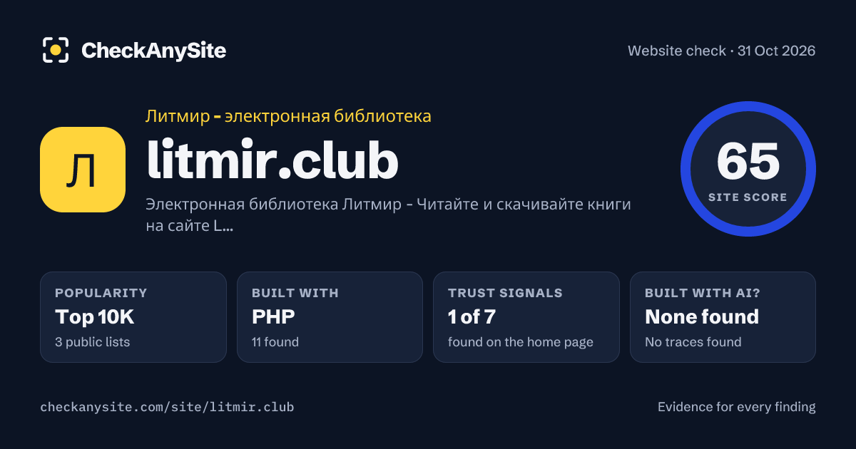 litmir.club on CheckAnySite: AI traces none found, popularity Top 10K, site score 65 of 100.