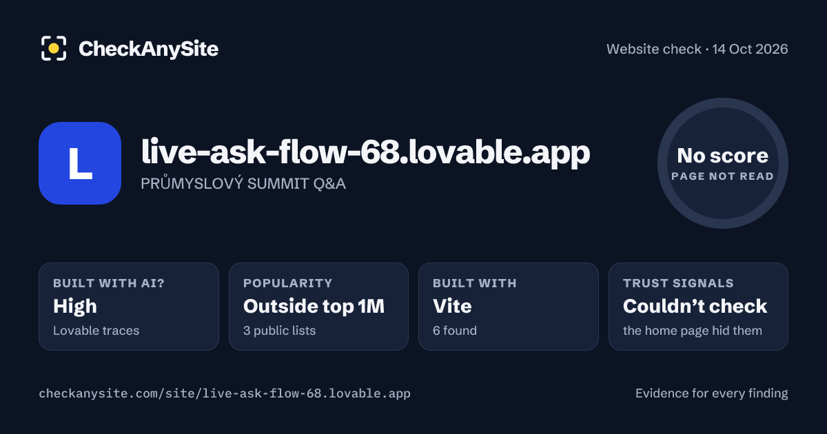 live-ask-flow-68.lovable.app on CheckAnySite: AI traces high, popularity Outside top 1M, no score.