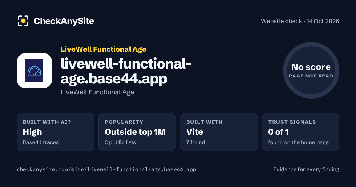 livewell-functional-age.base44.app on CheckAnySite: AI traces high, popularity Outside top 1M, no score.