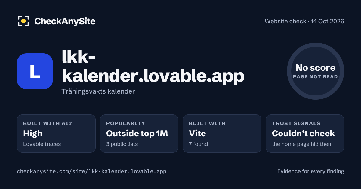 lkk-kalender.lovable.app on CheckAnySite: AI traces high, popularity Outside top 1M, no score.