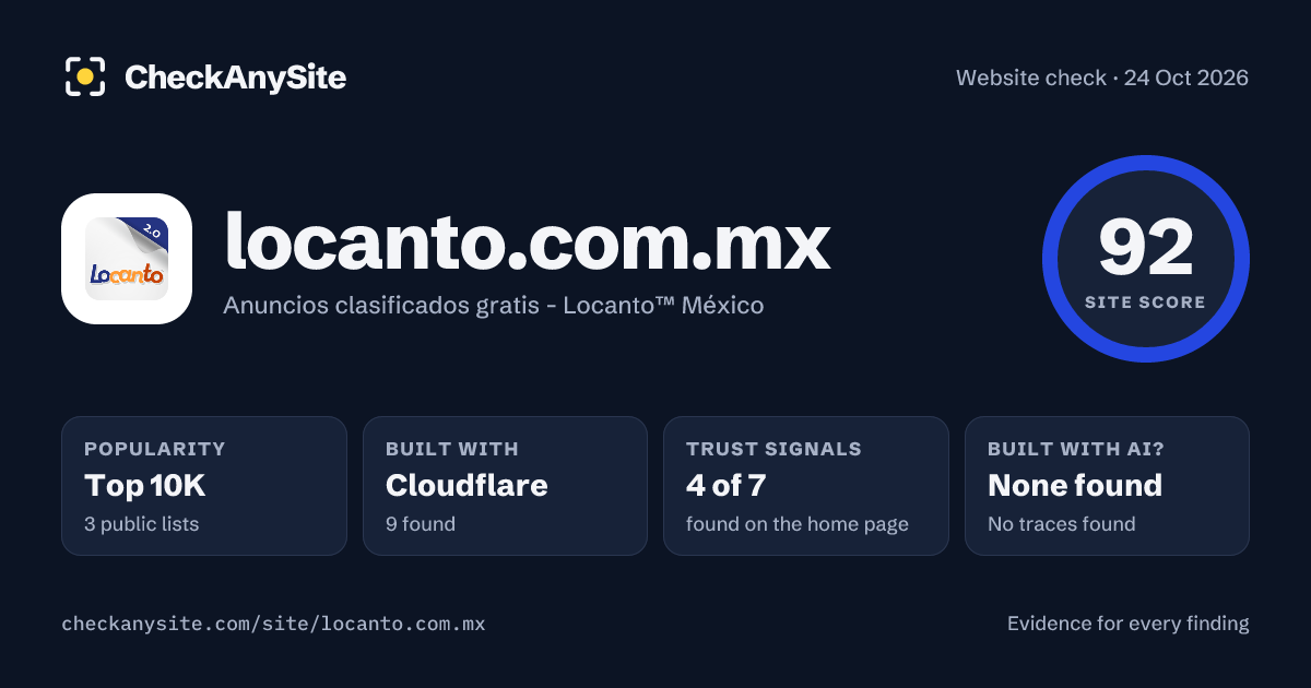 locanto.com.mx on CheckAnySite: AI traces none found, popularity Top 10K, site score 92 of 100.