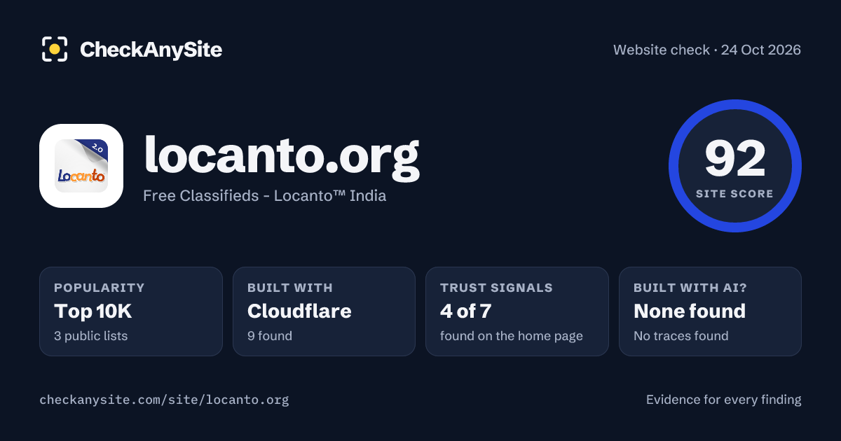 locanto.org on CheckAnySite: AI traces none found, popularity Top 10K, site score 92 of 100.