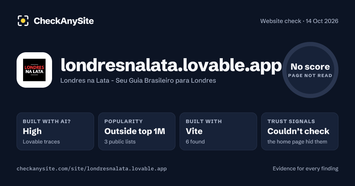 londresnalata.lovable.app on CheckAnySite: AI traces high, popularity Outside top 1M, no score.