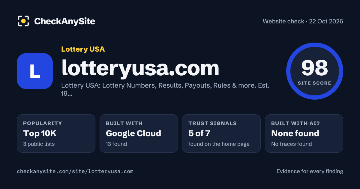 lotteryusa.com on CheckAnySite: AI traces none found, popularity Top 10K, site score 98 of 100.