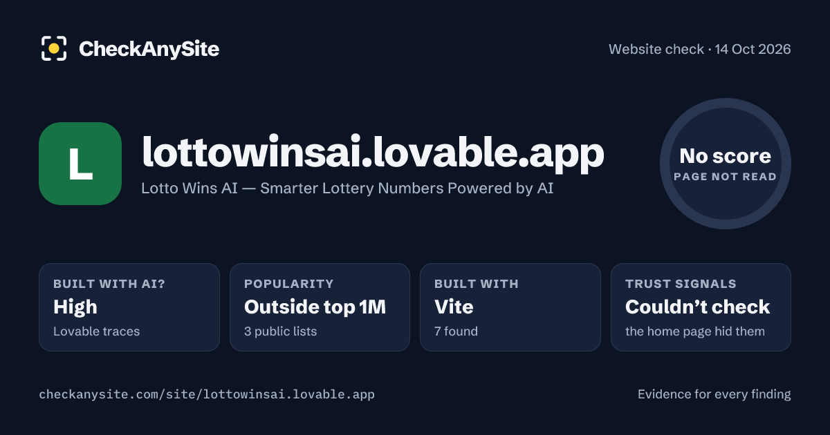 lottowinsai.lovable.app on CheckAnySite: AI traces high, popularity Outside top 1M, no score.